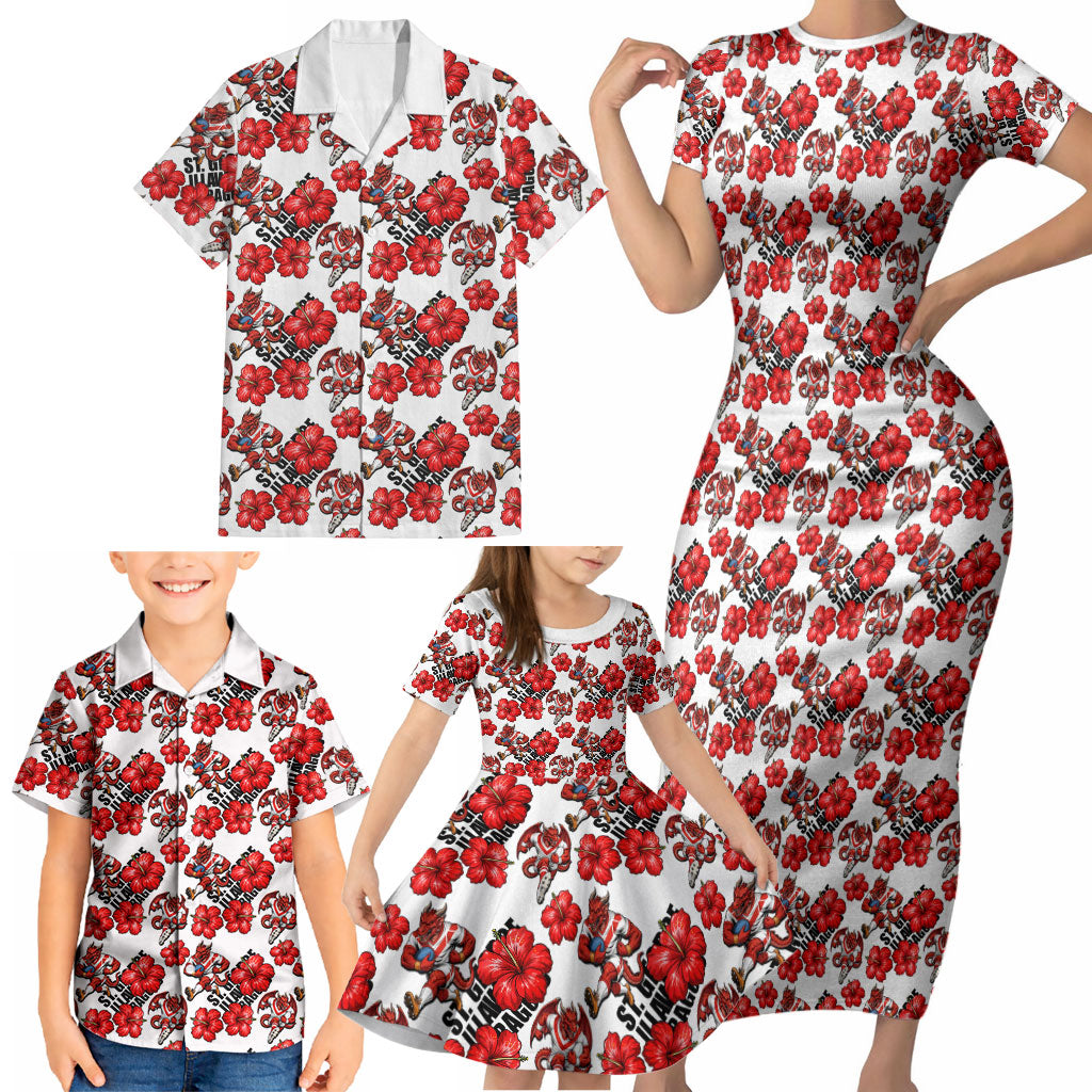 St. George Illawarra Dragons Family Matching Short Sleeve Bodycon Dress and Hawaiian Shirt Tropical Hibiscus Floral Seamless Rugby Mascot