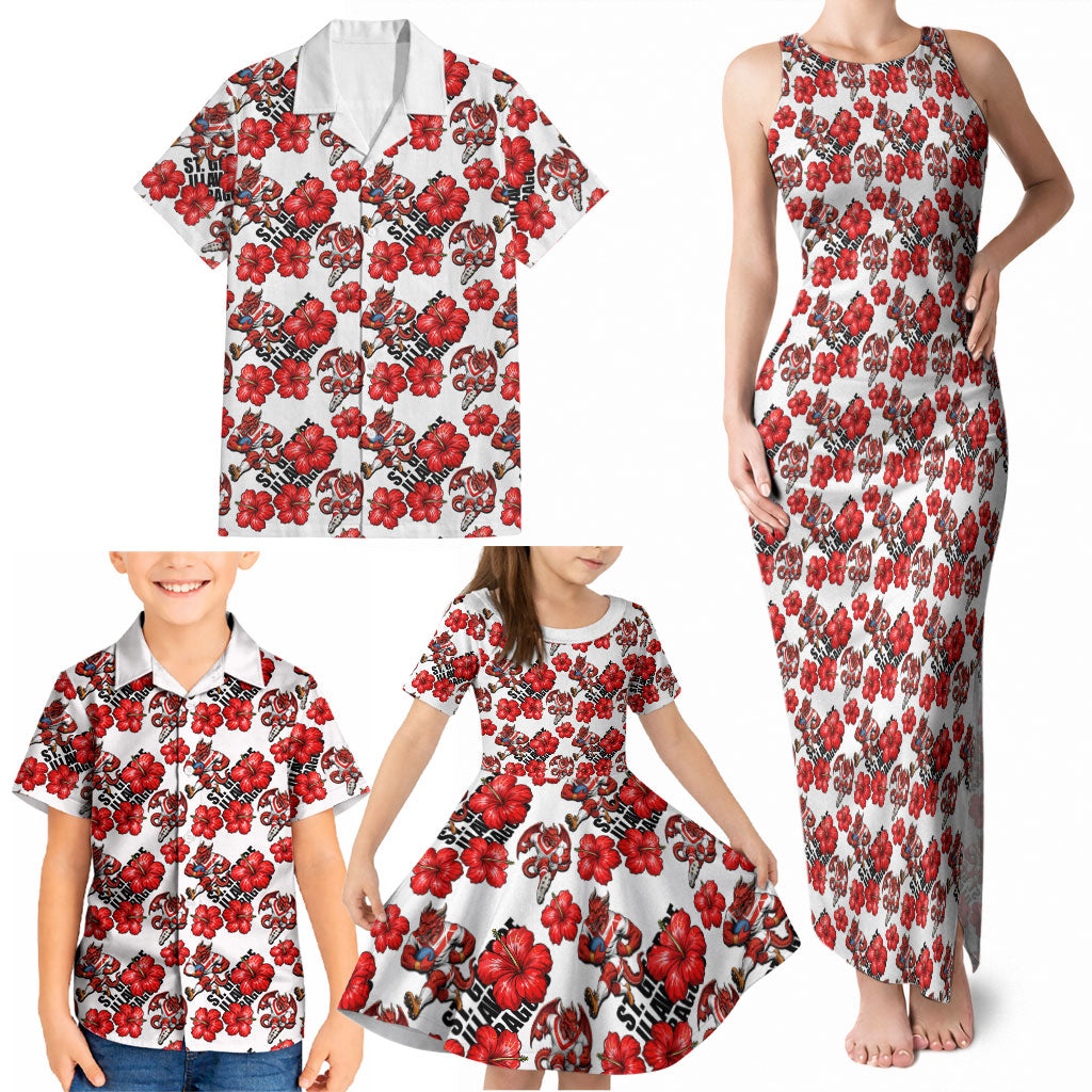 St. George Illawarra Dragons Family Matching Tank Maxi Dress and Hawaiian Shirt Tropical Hibiscus Floral Seamless Rugby Mascot