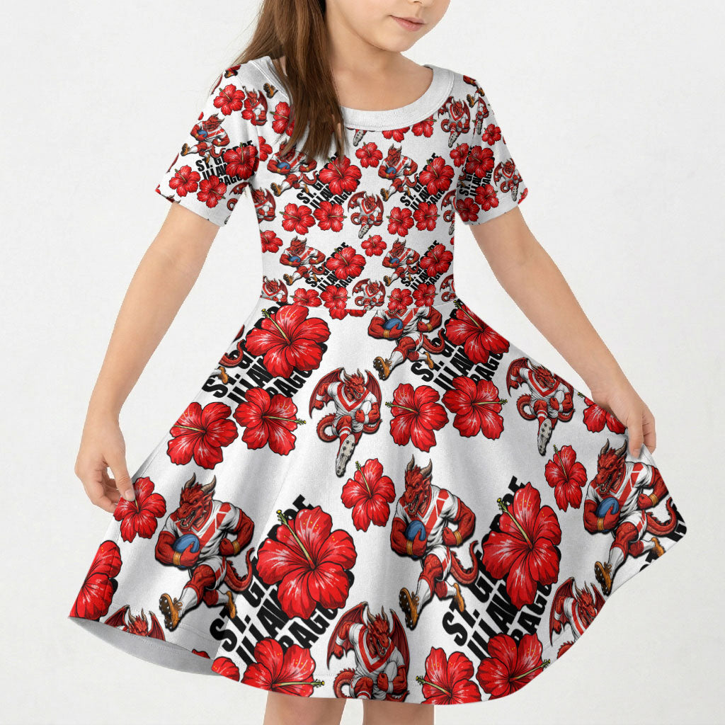 St. George Illawarra Dragons Kid Short Sleeve Dress Tropical Hibiscus Floral Seamless Rugby Mascot