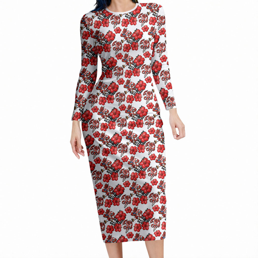 St. George Illawarra Dragons Long Sleeve Bodycon Dress Tropical Hibiscus Floral Seamless Rugby Mascot