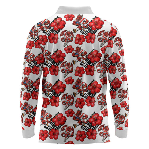 St. George Illawarra Dragons Long Sleeve Polo Shirt Tropical Hibiscus Floral Seamless Rugby Mascot
