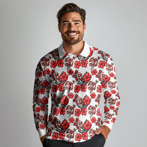 St. George Illawarra Dragons Long Sleeve Polo Shirt Tropical Hibiscus Floral Seamless Rugby Mascot