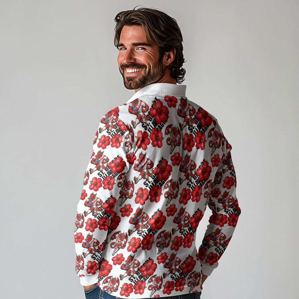 St. George Illawarra Dragons Long Sleeve Polo Shirt Tropical Hibiscus Floral Seamless Rugby Mascot