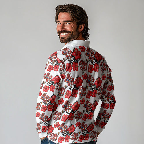 St. George Illawarra Dragons Long Sleeve Polo Shirt Tropical Hibiscus Floral Seamless Rugby Mascot