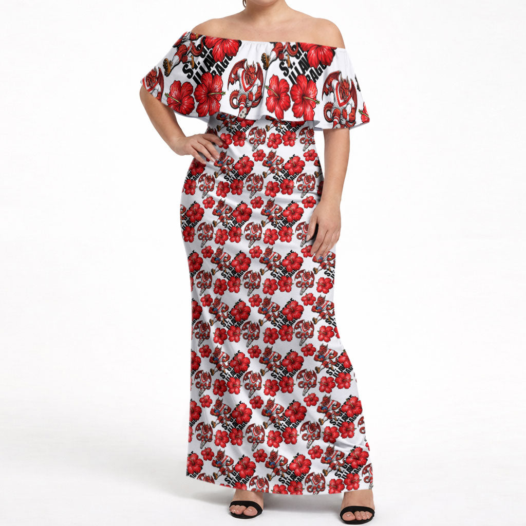 St. George Illawarra Dragons Off Shoulder Maxi Dress Tropical Hibiscus Floral Seamless Rugby Mascot