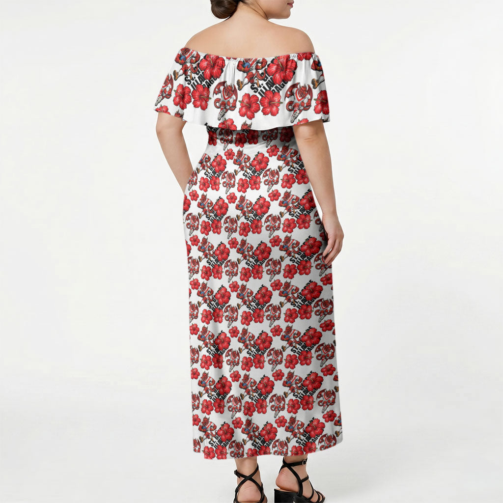 St. George Illawarra Dragons Off Shoulder Maxi Dress Tropical Hibiscus Floral Seamless Rugby Mascot