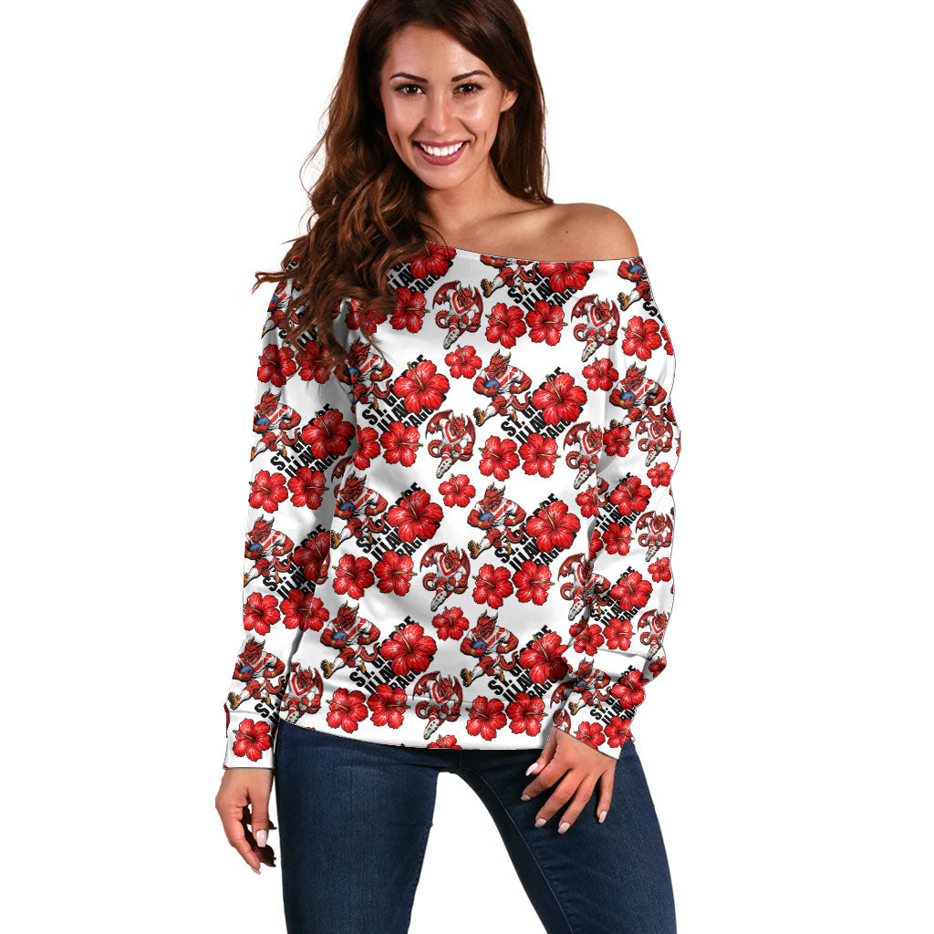 St. George Illawarra Dragons Off Shoulder Sweater Tropical Hibiscus Floral Seamless Rugby Mascot