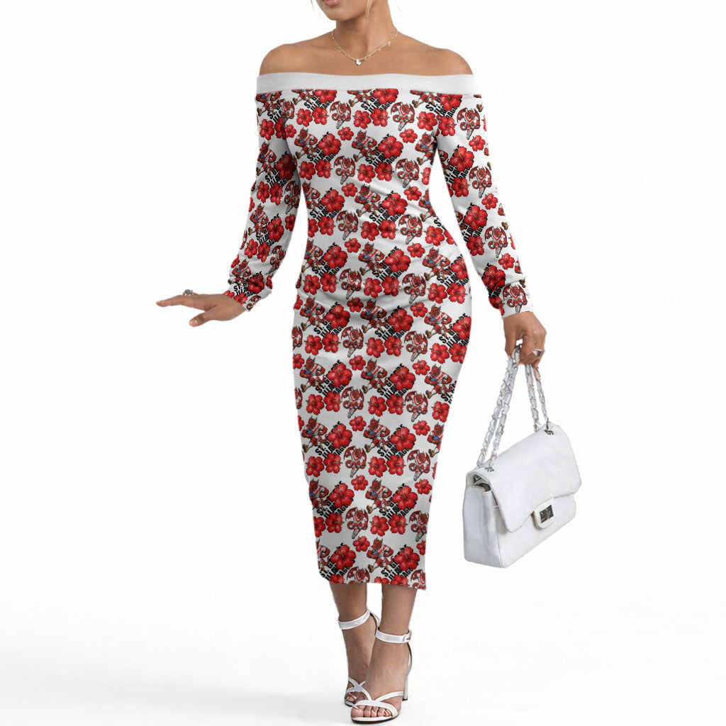 St. George Illawarra Dragons Off The Shoulder Long Sleeve Dress Tropical Hibiscus Floral Seamless Rugby Mascot
