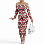 St. George Illawarra Dragons Off The Shoulder Long Sleeve Dress Tropical Hibiscus Floral Seamless Rugby Mascot