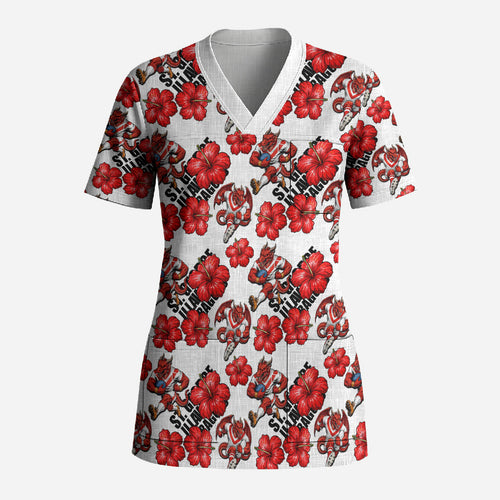 St. George Illawarra Dragons Scrub Top Tropical Hibiscus Floral Seamless Rugby Mascot