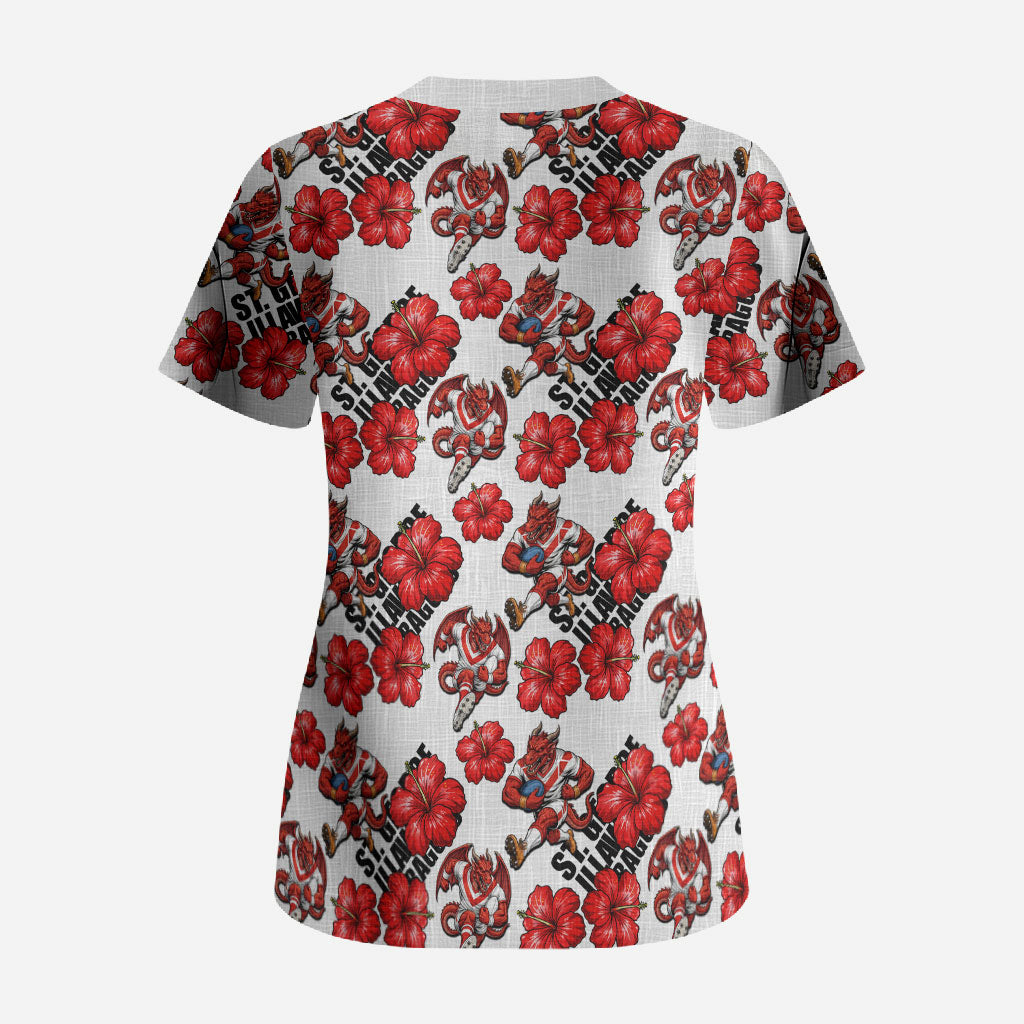 St. George Illawarra Dragons Scrub Top Tropical Hibiscus Floral Seamless Rugby Mascot