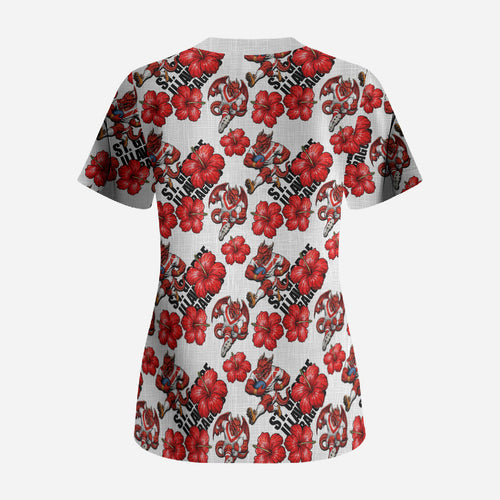 St. George Illawarra Dragons Scrub Top Tropical Hibiscus Floral Seamless Rugby Mascot
