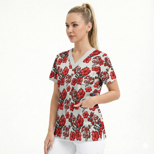 St. George Illawarra Dragons Scrub Top Tropical Hibiscus Floral Seamless Rugby Mascot