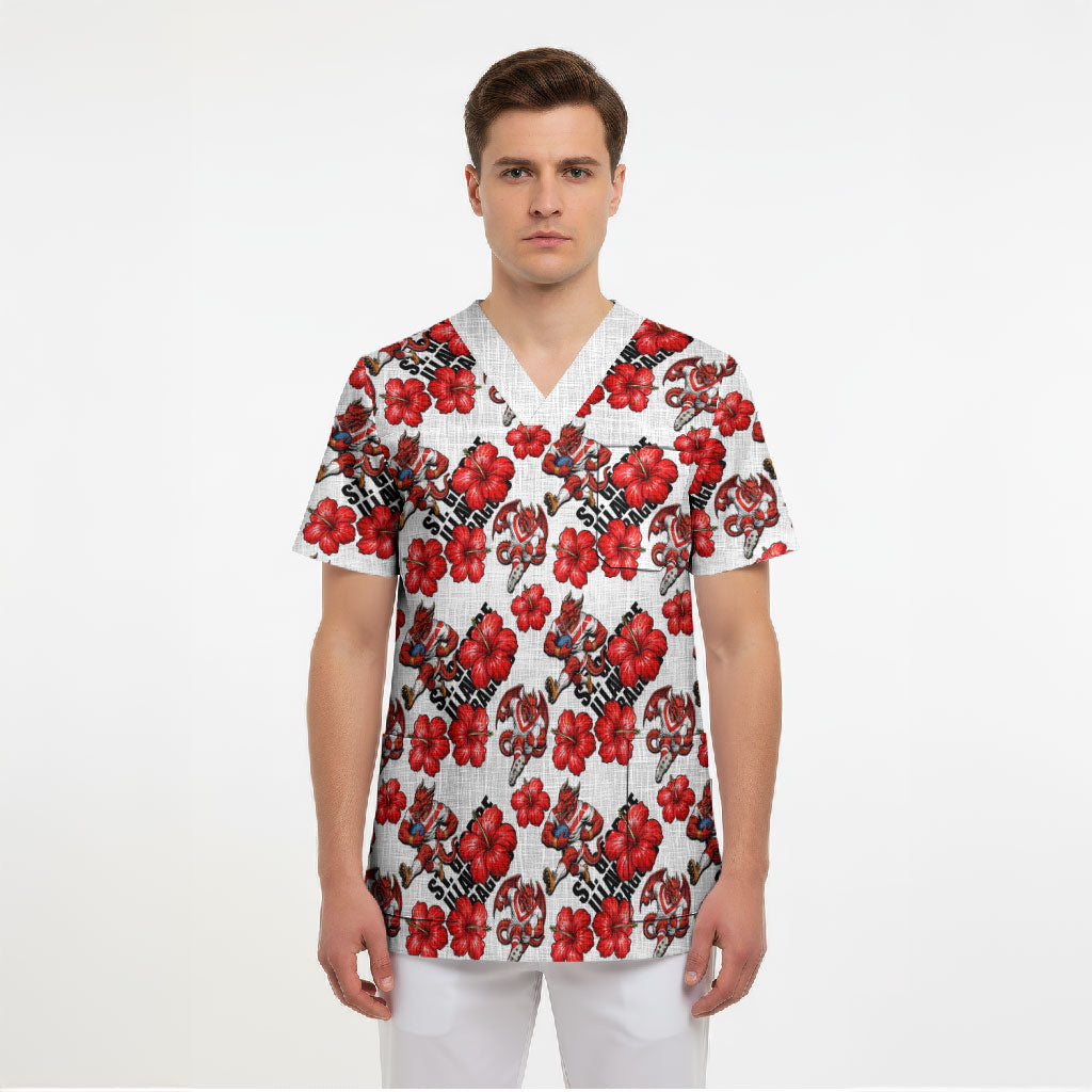 St. George Illawarra Dragons Scrub Top Tropical Hibiscus Floral Seamless Rugby Mascot