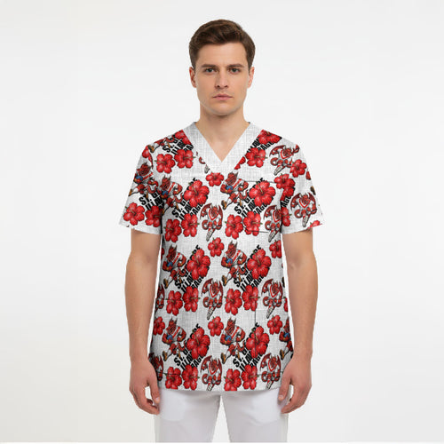 St. George Illawarra Dragons Scrub Top Tropical Hibiscus Floral Seamless Rugby Mascot
