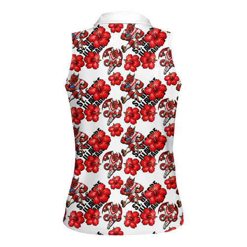 St. George Illawarra Dragons Women Sleeveless Polo Shirt Tropical Hibiscus Floral Seamless Rugby Mascot