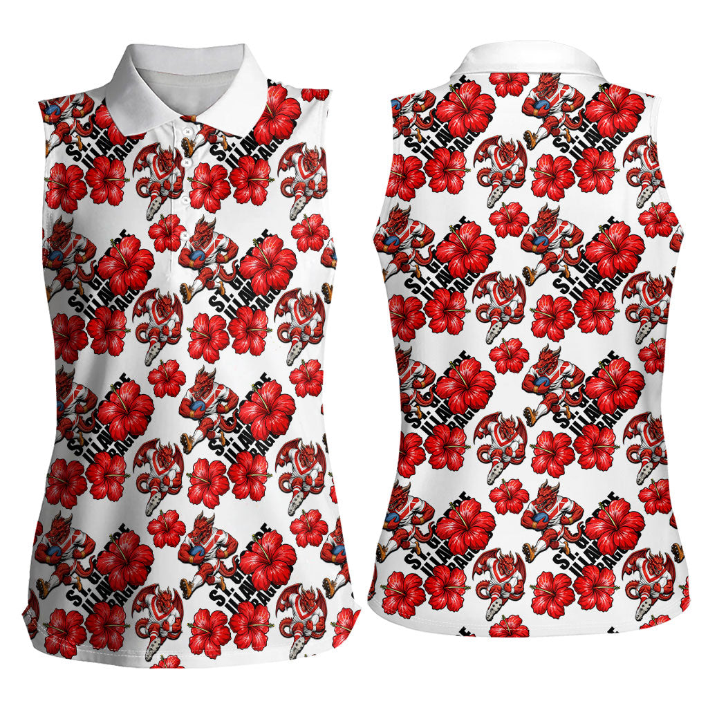 St. George Illawarra Dragons Women Sleeveless Polo Shirt Tropical Hibiscus Floral Seamless Rugby Mascot