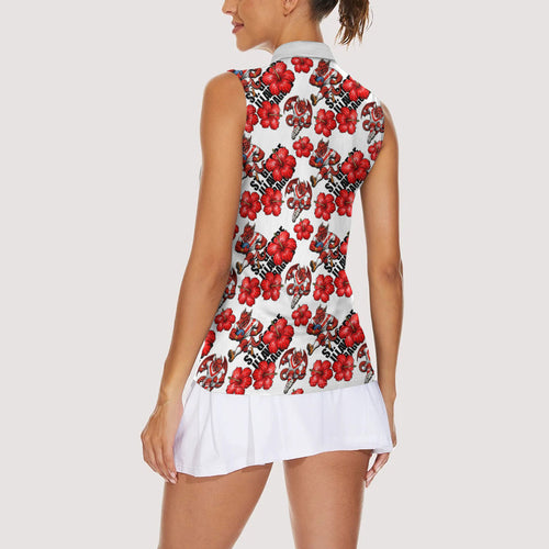 St. George Illawarra Dragons Women Sleeveless Polo Shirt Tropical Hibiscus Floral Seamless Rugby Mascot