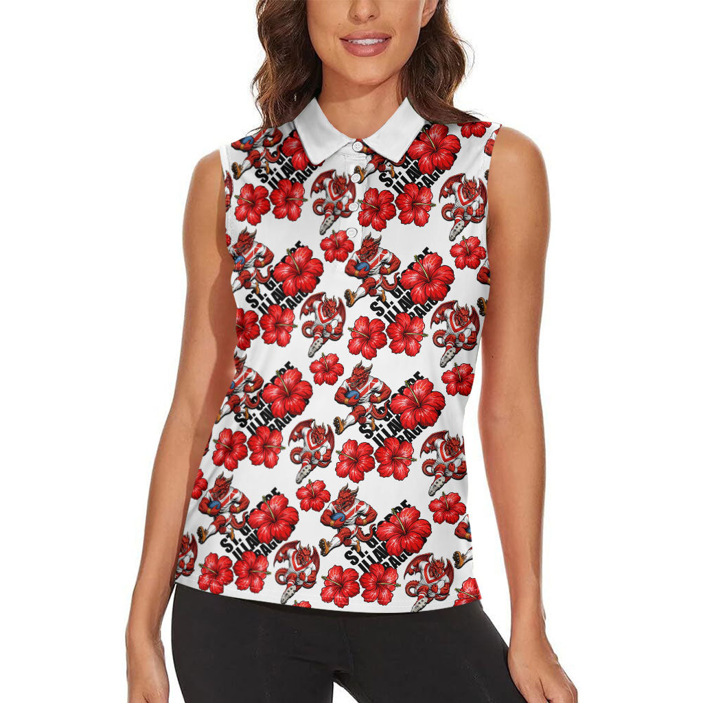 St. George Illawarra Dragons Women Sleeveless Polo Shirt Tropical Hibiscus Floral Seamless Rugby Mascot