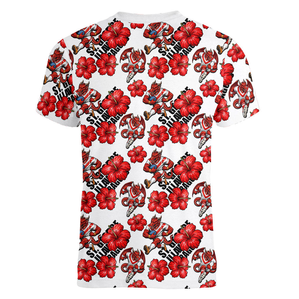 St. George Illawarra Dragons Women V-Neck T-Shirt Tropical Hibiscus Floral Seamless Rugby Mascot