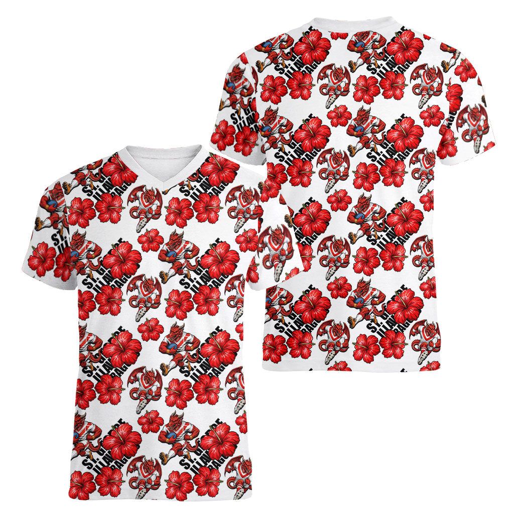 St. George Illawarra Dragons Women V-Neck T-Shirt Tropical Hibiscus Floral Seamless Rugby Mascot
