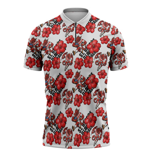 St. George Illawarra Dragons Zipper Polo Shirt Tropical Hibiscus Floral Seamless Rugby Mascot