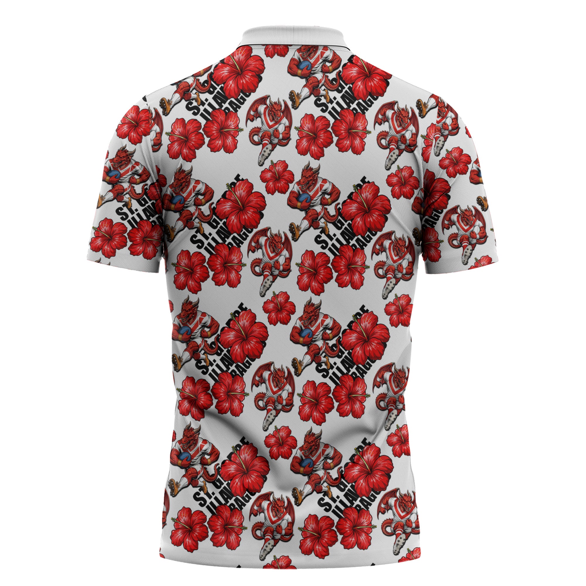 St. George Illawarra Dragons Zipper Polo Shirt Tropical Hibiscus Floral Seamless Rugby Mascot