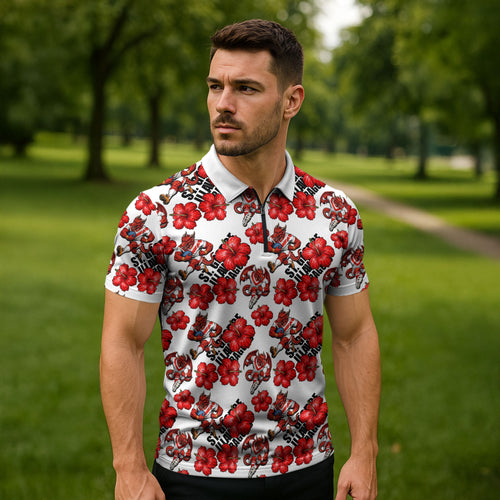 St. George Illawarra Dragons Zipper Polo Shirt Tropical Hibiscus Floral Seamless Rugby Mascot