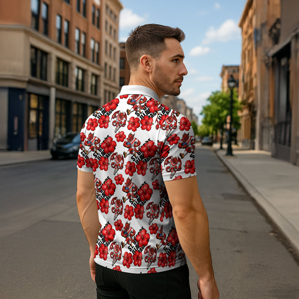 St. George Illawarra Dragons Zipper Polo Shirt Tropical Hibiscus Floral Seamless Rugby Mascot