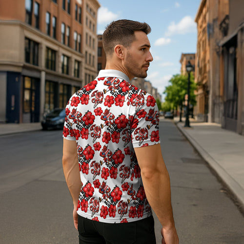 St. George Illawarra Dragons Zipper Polo Shirt Tropical Hibiscus Floral Seamless Rugby Mascot