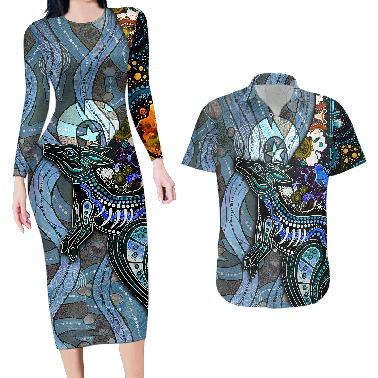 Kangaroo Aboriginal Pattern Dot Art Couples Matching Long Sleeve Bodycon Dress and Hawaiian Shirt