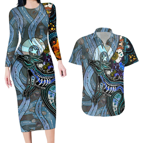 Kangaroo Aboriginal Pattern Dot Art Couples Matching Long Sleeve Bodycon Dress and Hawaiian Shirt