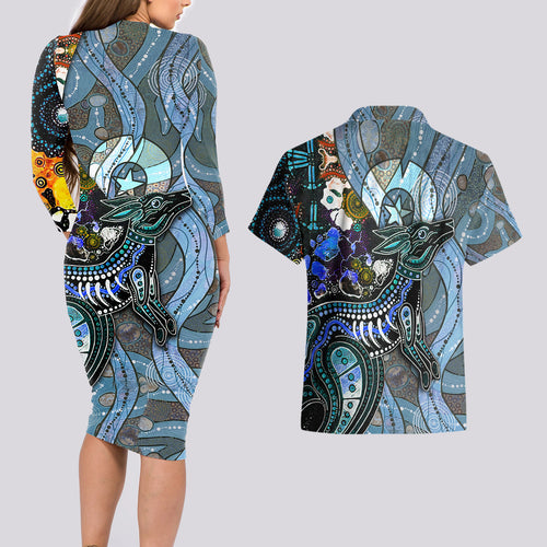 Kangaroo Aboriginal Pattern Dot Art Couples Matching Long Sleeve Bodycon Dress and Hawaiian Shirt