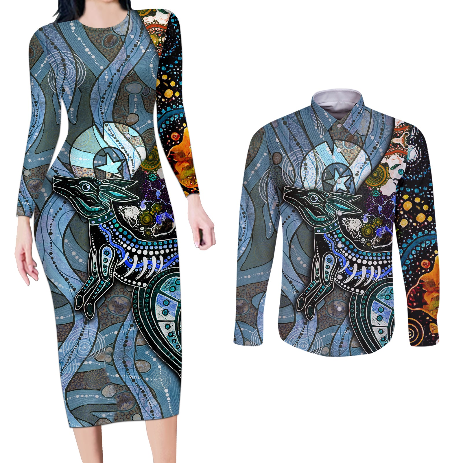 Kangaroo Aboriginal Pattern Dot Art Couples Matching Long Sleeve Bodycon Dress and Long Sleeve Button Shirt
