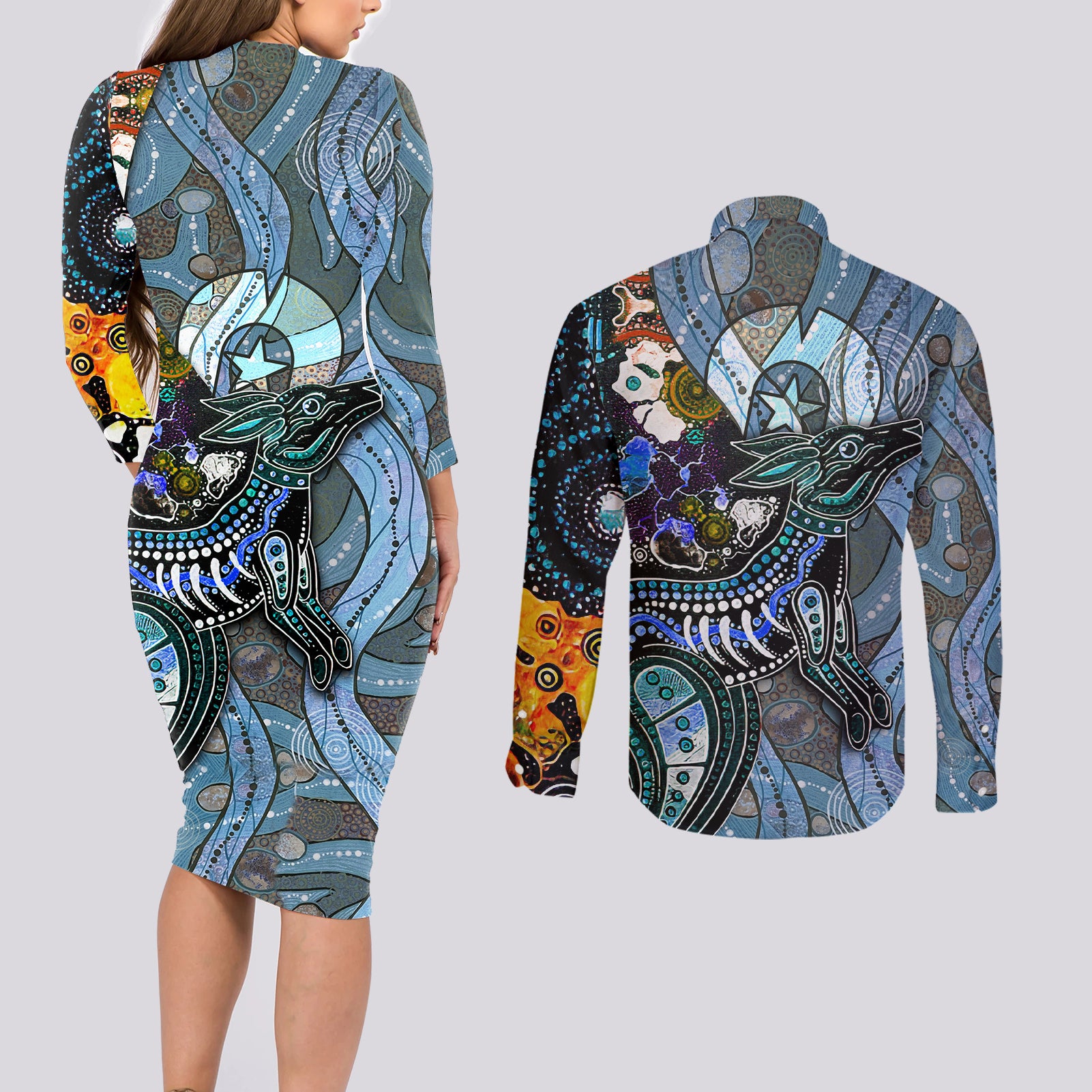 Kangaroo Aboriginal Pattern Dot Art Couples Matching Long Sleeve Bodycon Dress and Long Sleeve Button Shirt