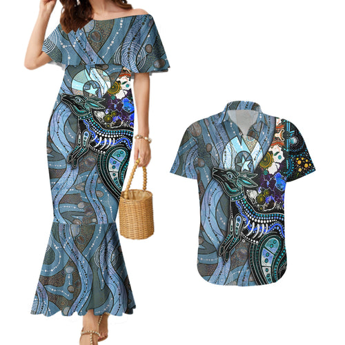 Kangaroo Aboriginal Pattern Dot Art Couples Matching Mermaid Dress and Hawaiian Shirt