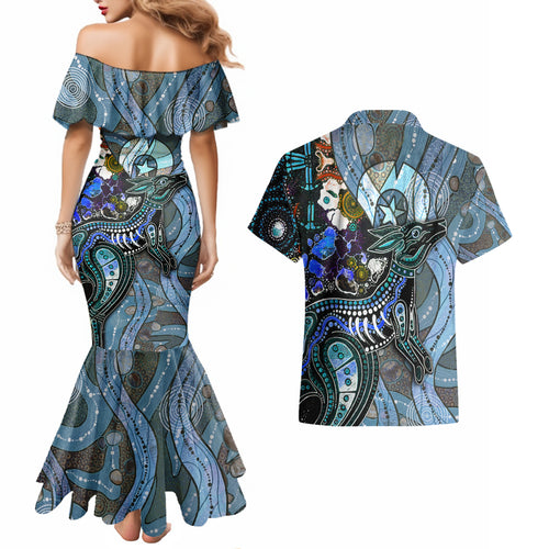 Kangaroo Aboriginal Pattern Dot Art Couples Matching Mermaid Dress and Hawaiian Shirt