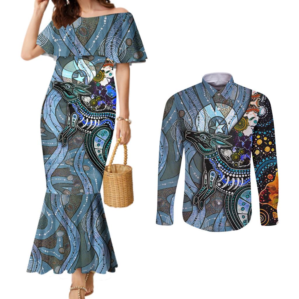Kangaroo Aboriginal Pattern Dot Art Couples Matching Mermaid Dress and Long Sleeve Button Shirt