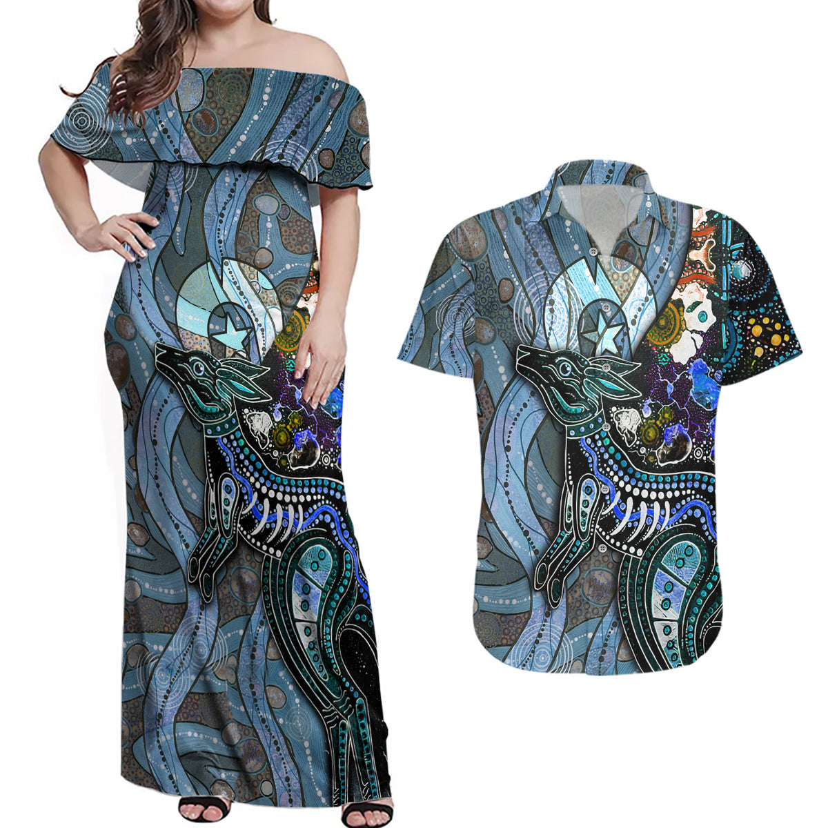 Kangaroo Aboriginal Pattern Dot Art Couples Matching Off Shoulder Maxi Dress and Hawaiian Shirt