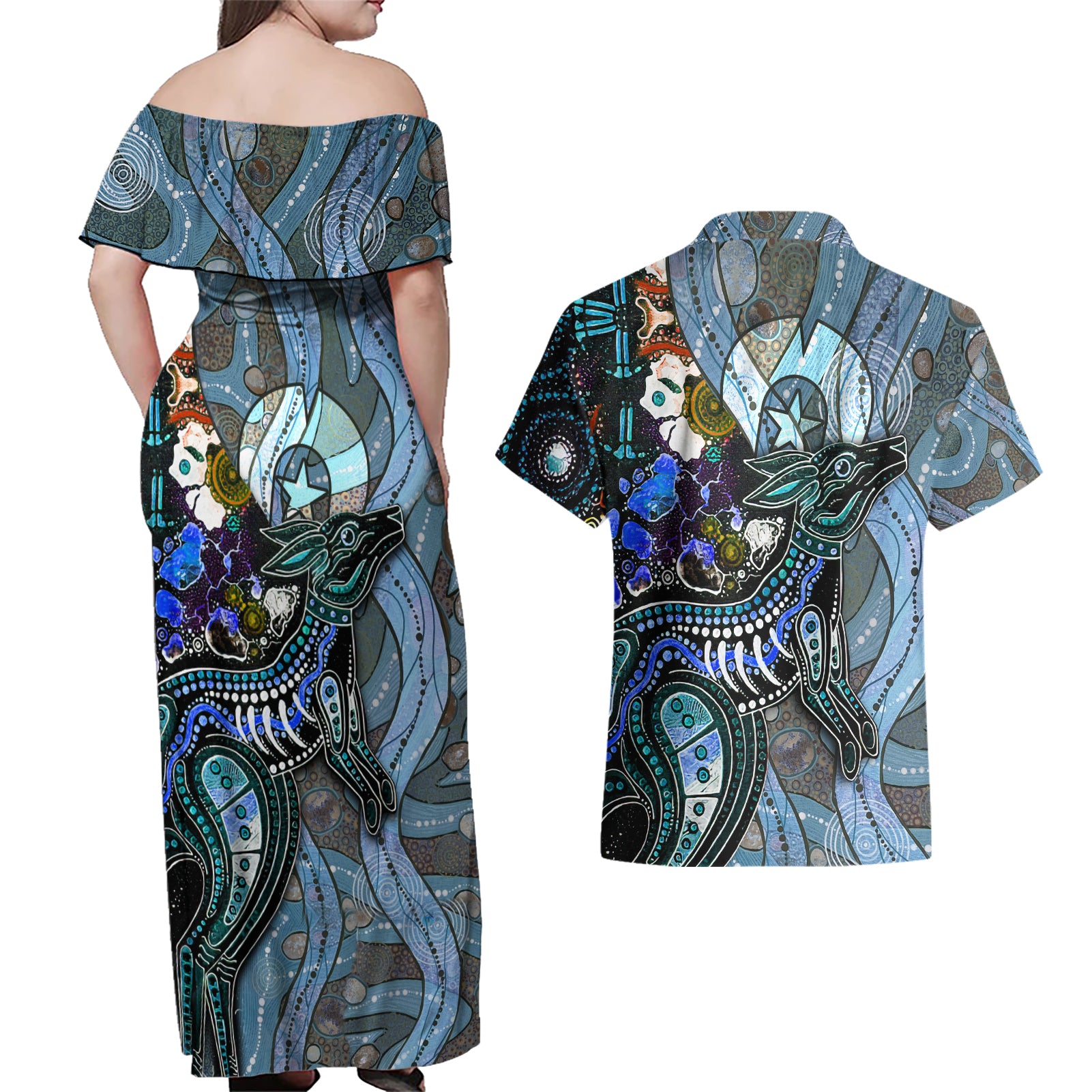 Kangaroo Aboriginal Pattern Dot Art Couples Matching Off Shoulder Maxi Dress and Hawaiian Shirt