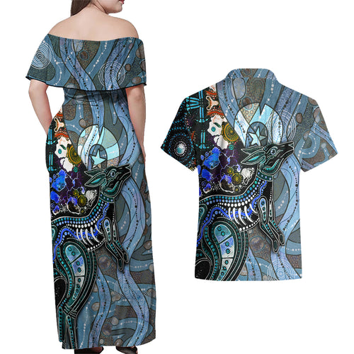 Kangaroo Aboriginal Pattern Dot Art Couples Matching Off Shoulder Maxi Dress and Hawaiian Shirt