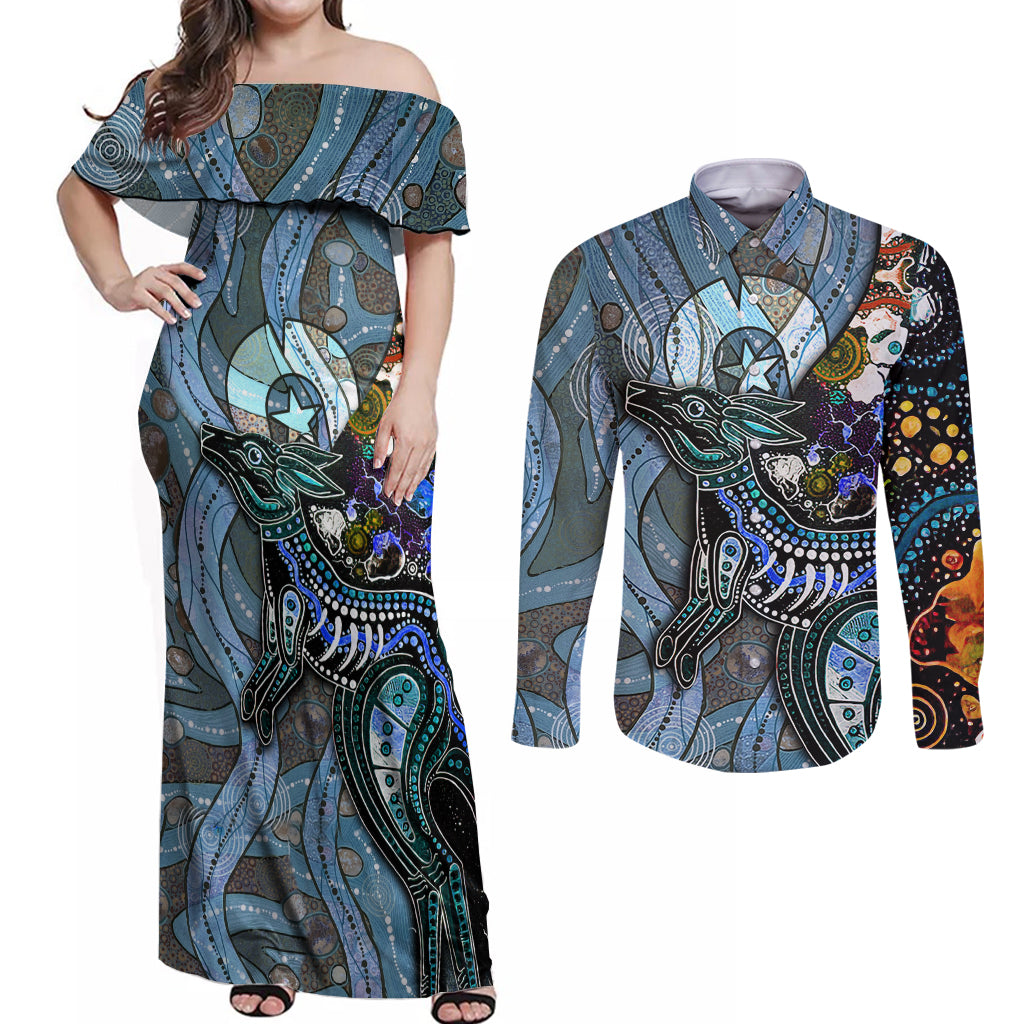 Kangaroo Aboriginal Pattern Dot Art Couples Matching Off Shoulder Maxi Dress and Long Sleeve Button Shirt