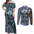Kangaroo Aboriginal Pattern Dot Art Couples Matching Off Shoulder Maxi Dress and Long Sleeve Button Shirt