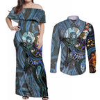 Kangaroo Aboriginal Pattern Dot Art Couples Matching Off Shoulder Maxi Dress and Long Sleeve Button Shirt