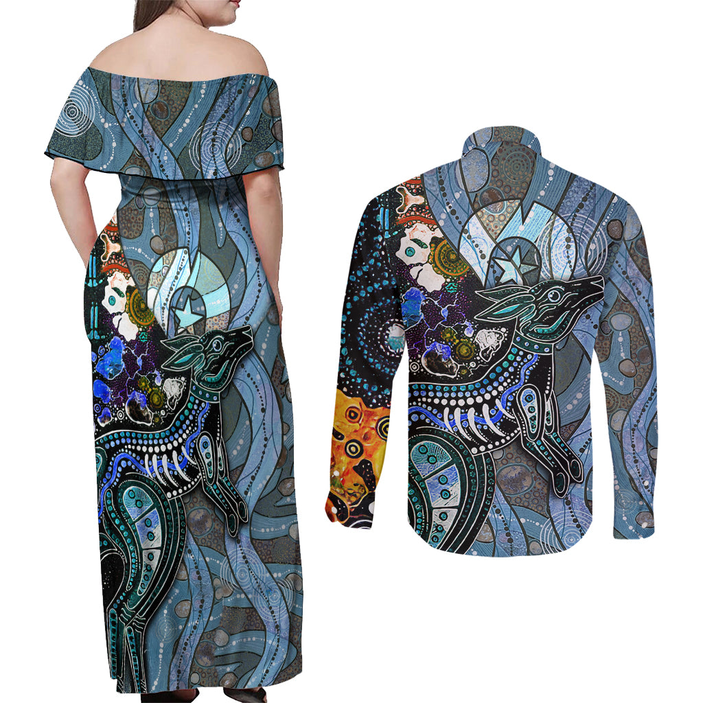 Kangaroo Aboriginal Pattern Dot Art Couples Matching Off Shoulder Maxi Dress and Long Sleeve Button Shirt
