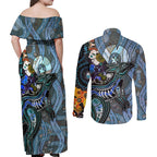 Kangaroo Aboriginal Pattern Dot Art Couples Matching Off Shoulder Maxi Dress and Long Sleeve Button Shirt