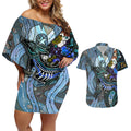 Kangaroo Aboriginal Pattern Dot Art Couples Matching Off Shoulder Short Dress and Hawaiian Shirt
