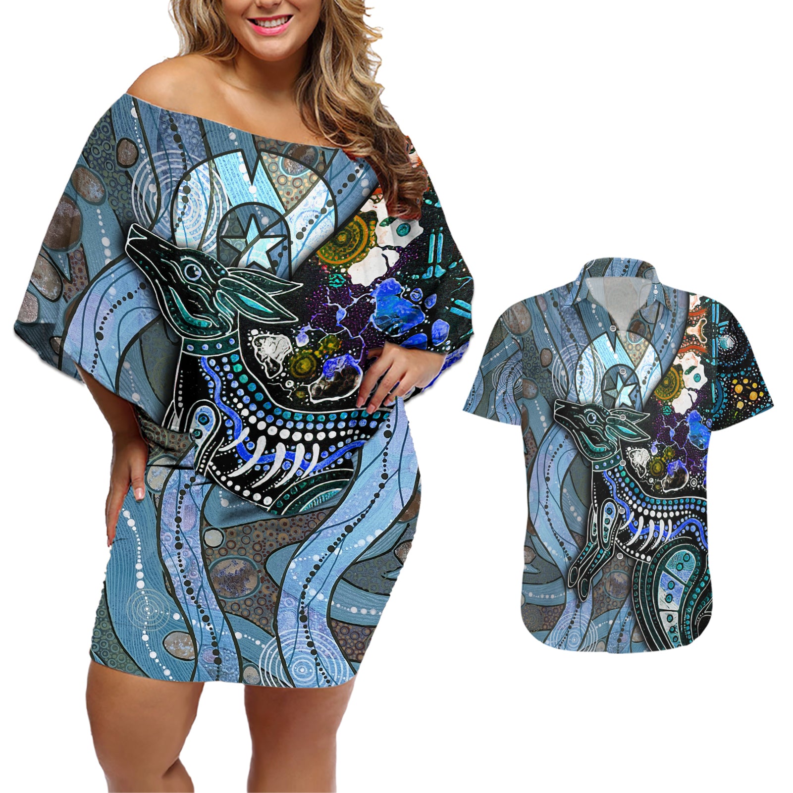 Kangaroo Aboriginal Pattern Dot Art Couples Matching Off Shoulder Short Dress and Hawaiian Shirt
