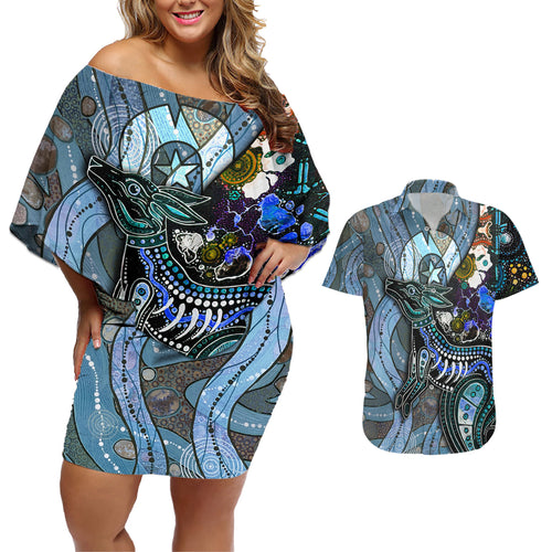 Kangaroo Aboriginal Pattern Dot Art Couples Matching Off Shoulder Short Dress and Hawaiian Shirt