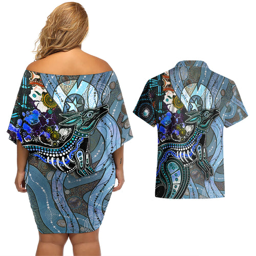 Kangaroo Aboriginal Pattern Dot Art Couples Matching Off Shoulder Short Dress and Hawaiian Shirt